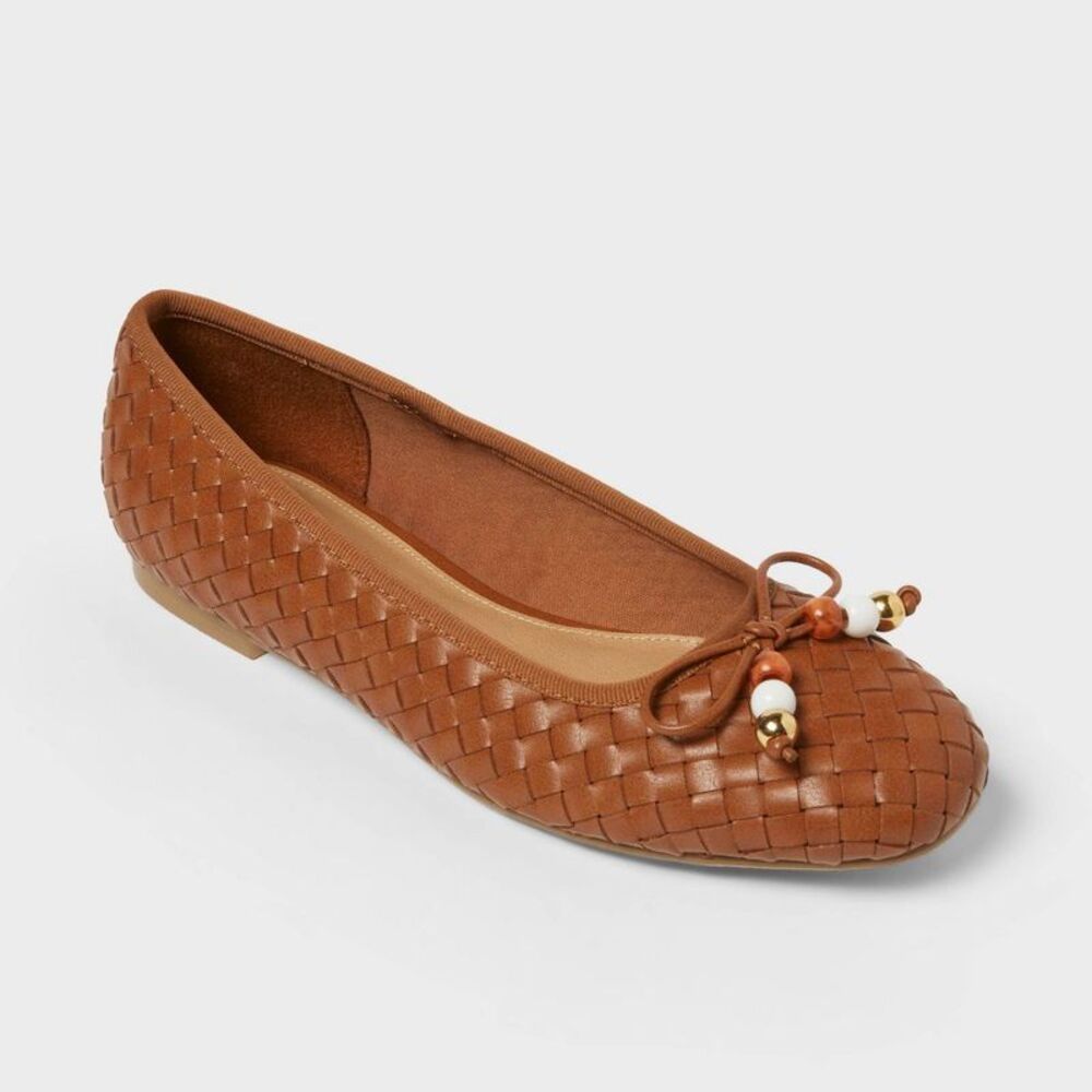 Universal Thread Cognac Brown Woven Ballet Flat with Bead Bow